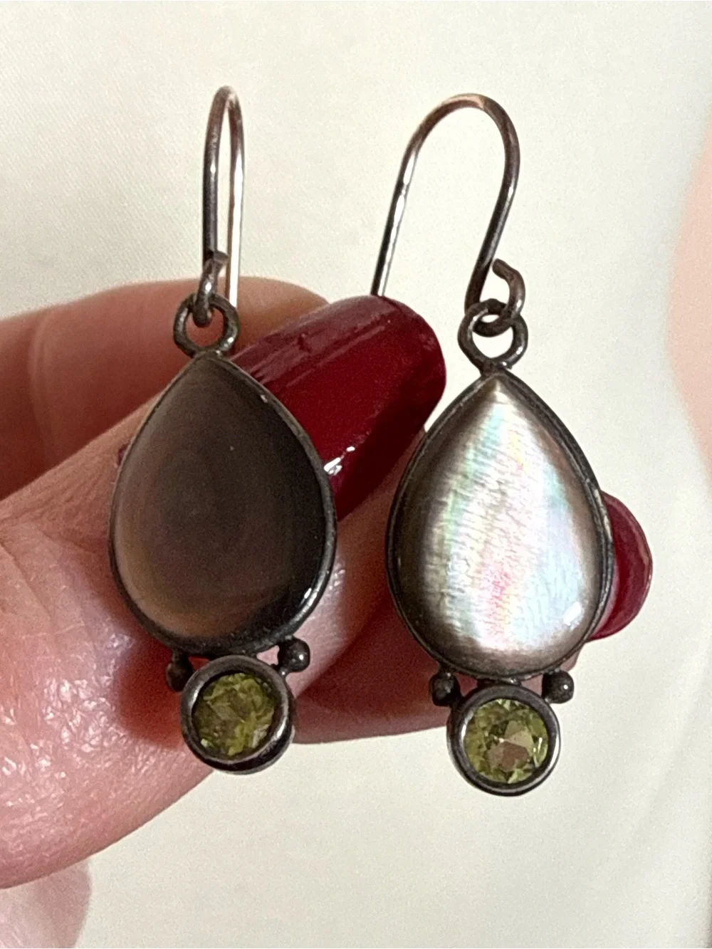 Sterling silver Abalone shell tear drop green Peridot Dangle Minimalist earrings